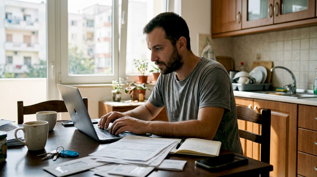 Burrë duke listuar makinën online në kuzhinën e shtëpisë