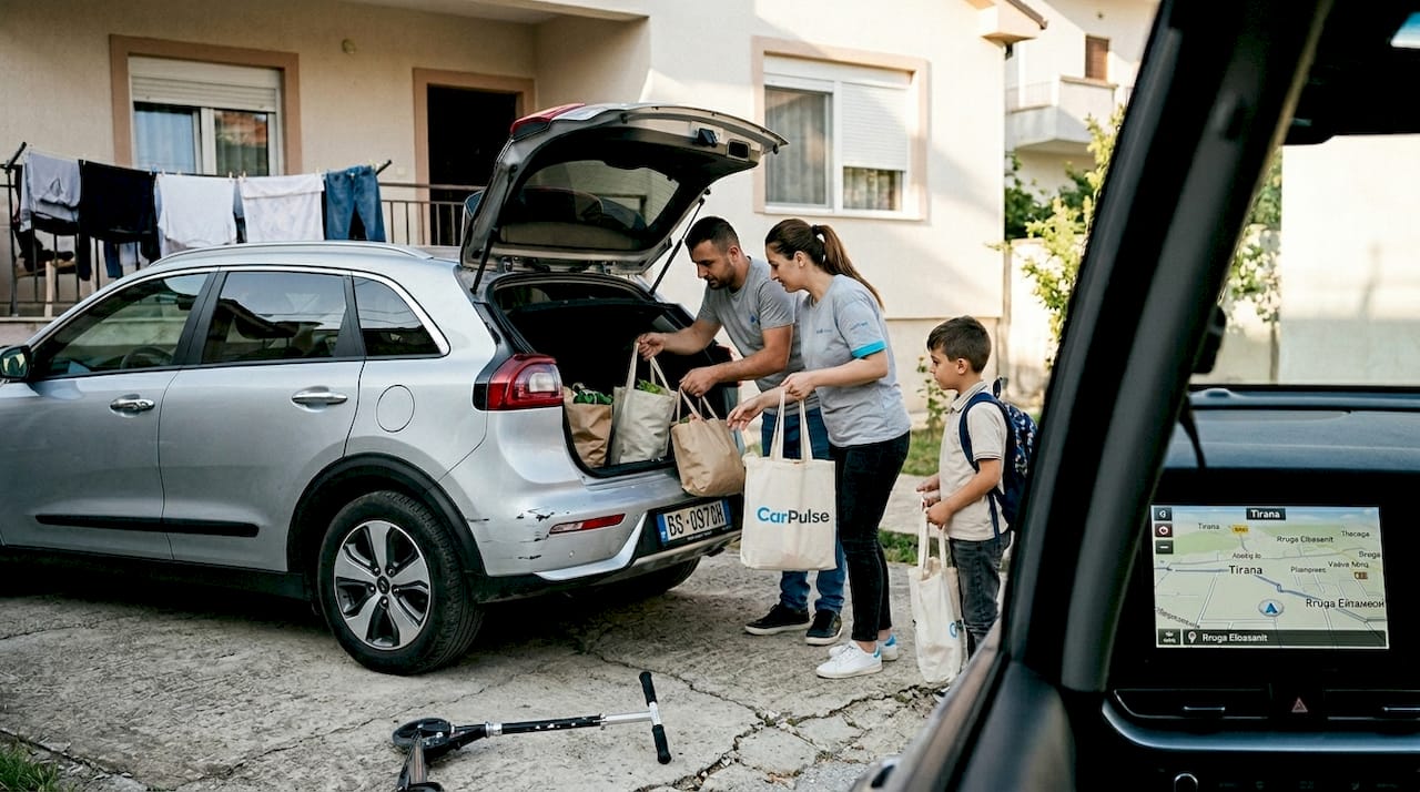 Famiglia scarica la spesa dal SUV ibrido