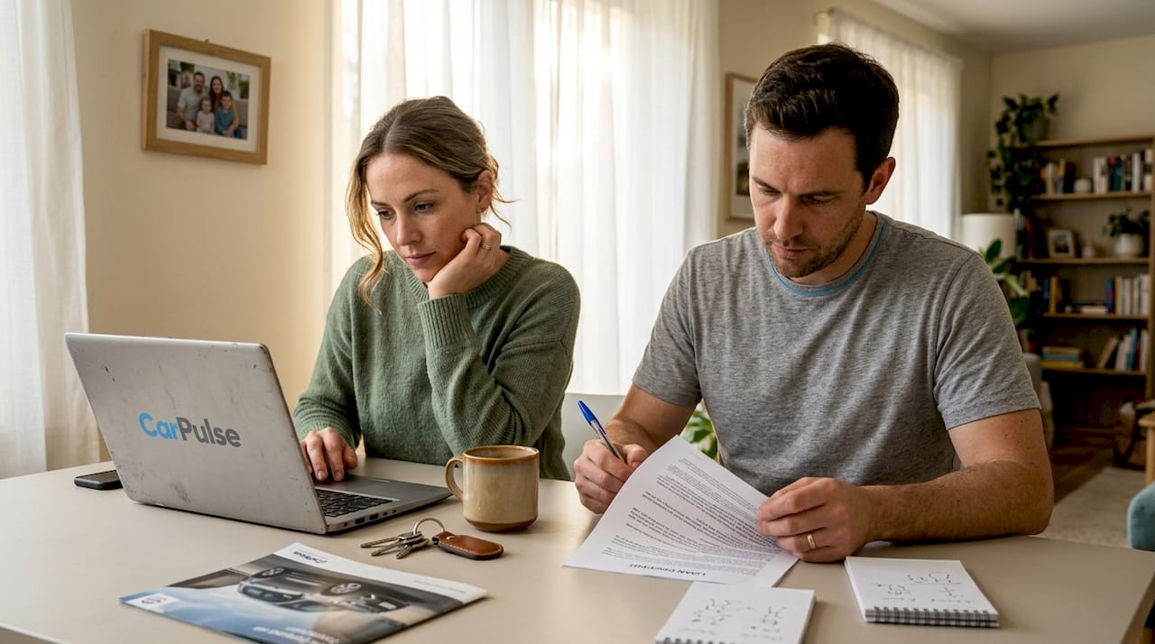 Couple reviewing car financing paperwork at home
