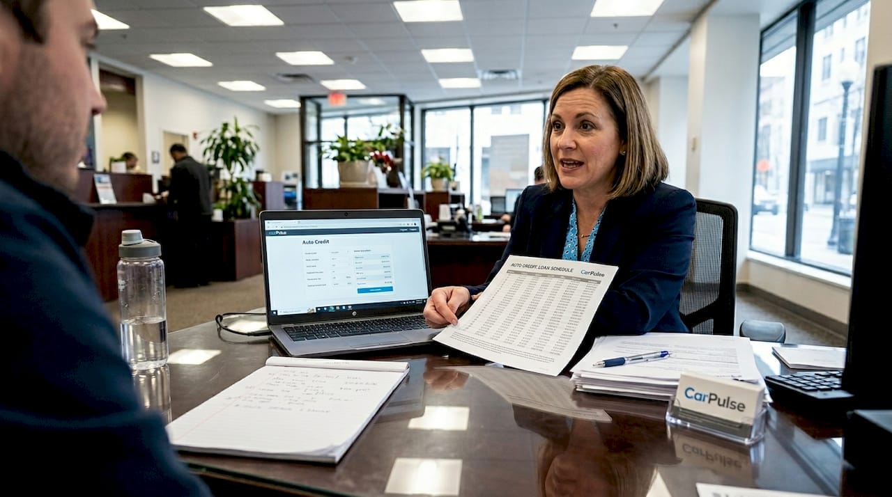 Bank officer explains car loan options to customer