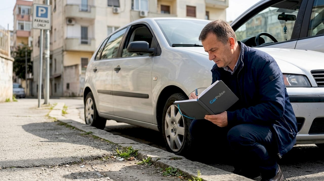Acquirente che ispeziona un'auto usata in una strada di Tirana