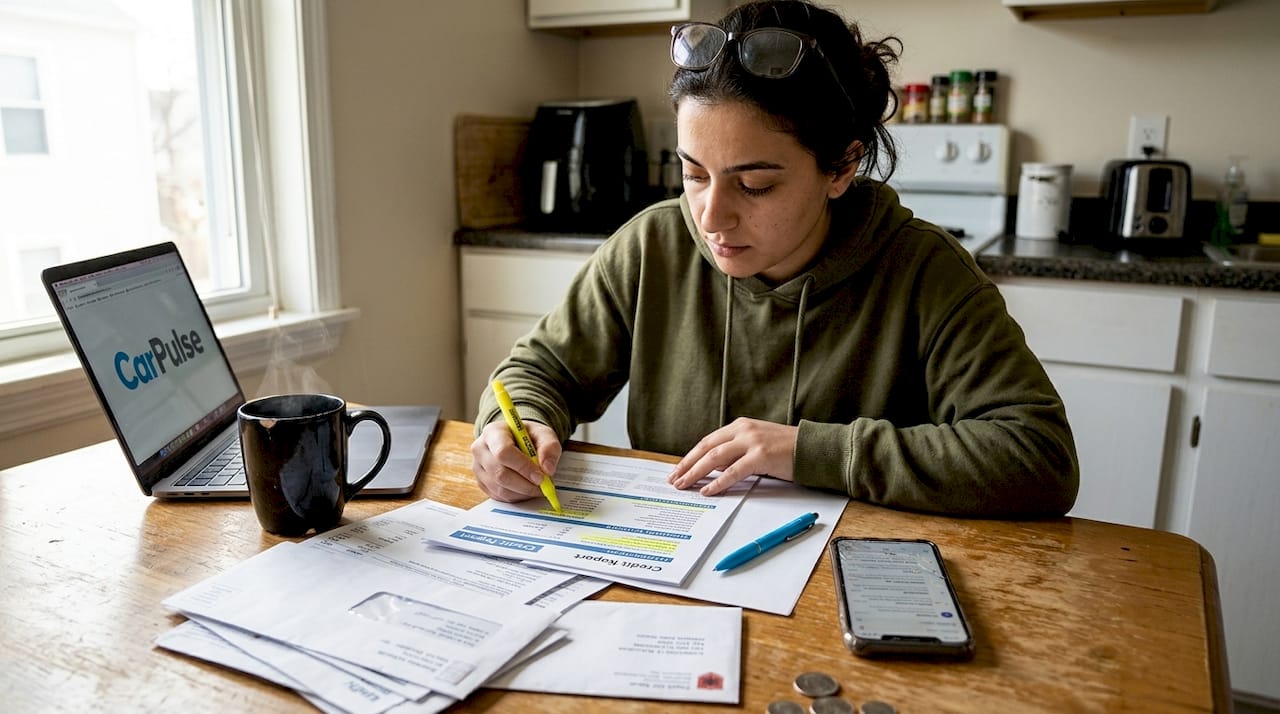 Donna che esamina il punteggio di credito al tavolo della cucina