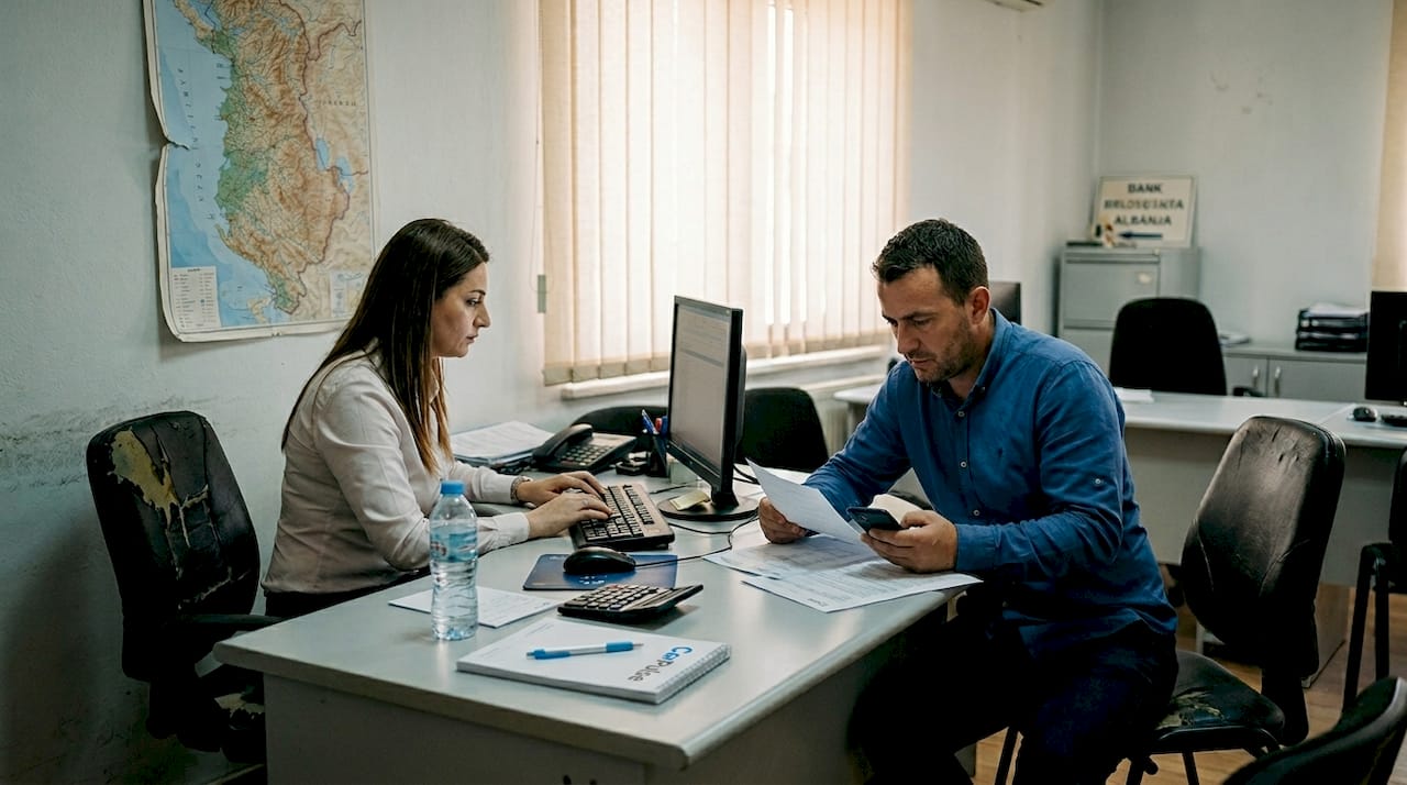 Incontro in banca in Albania per i documenti del finanziamento auto