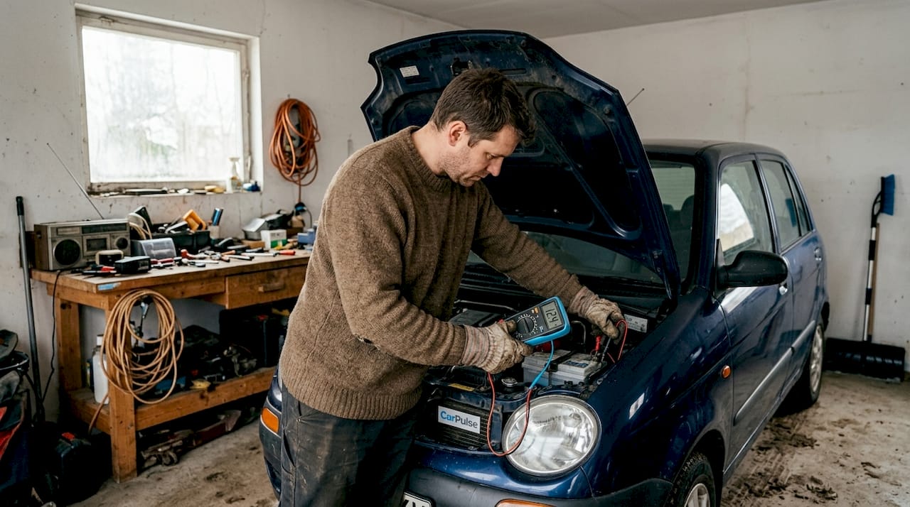 Uomo che controlla la batteria dell'auto in un garage domestico invernale