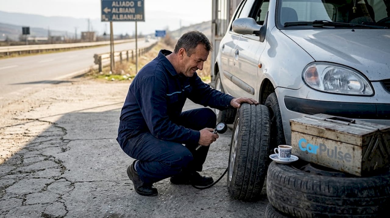 Meccanico che controlla gli pneumatici dell'auto su una strada rurale albanese