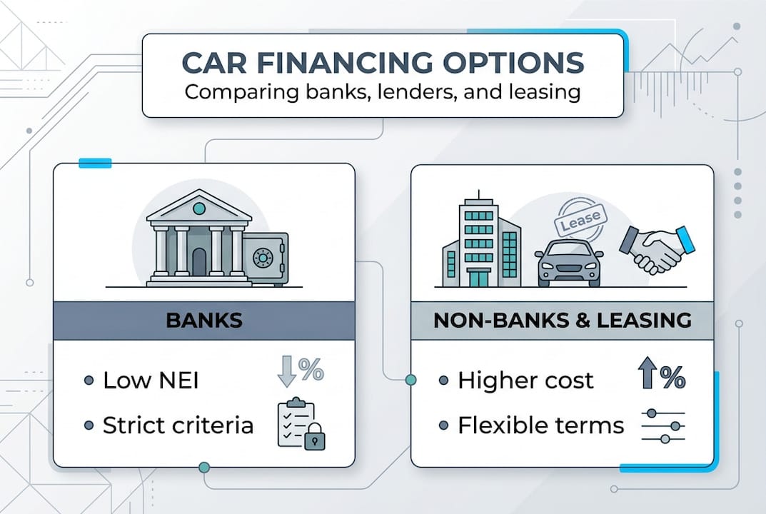 Infografica che confronta le opzioni di finanziamento auto.