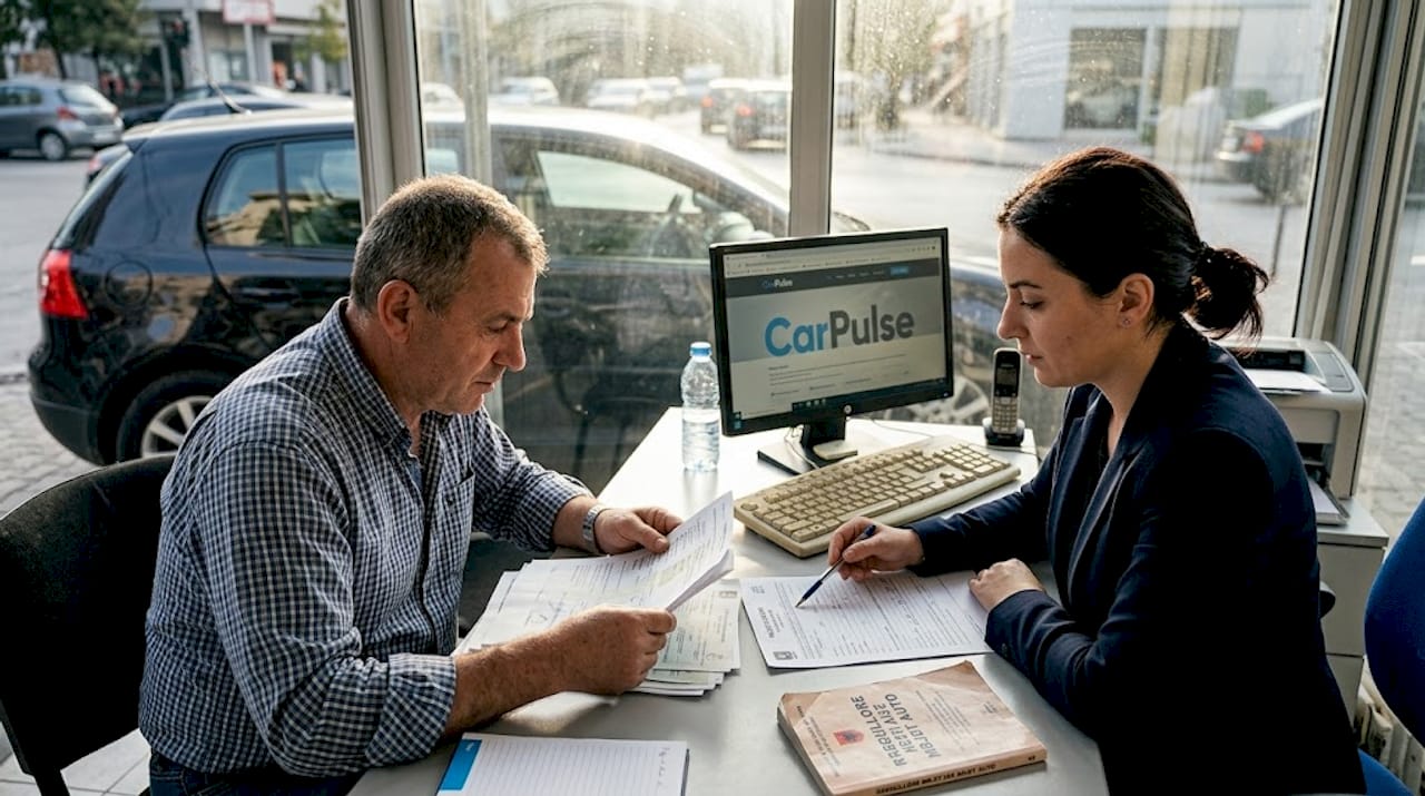 Acquirente d'auto che esamina i documenti di verifica con il concessionario