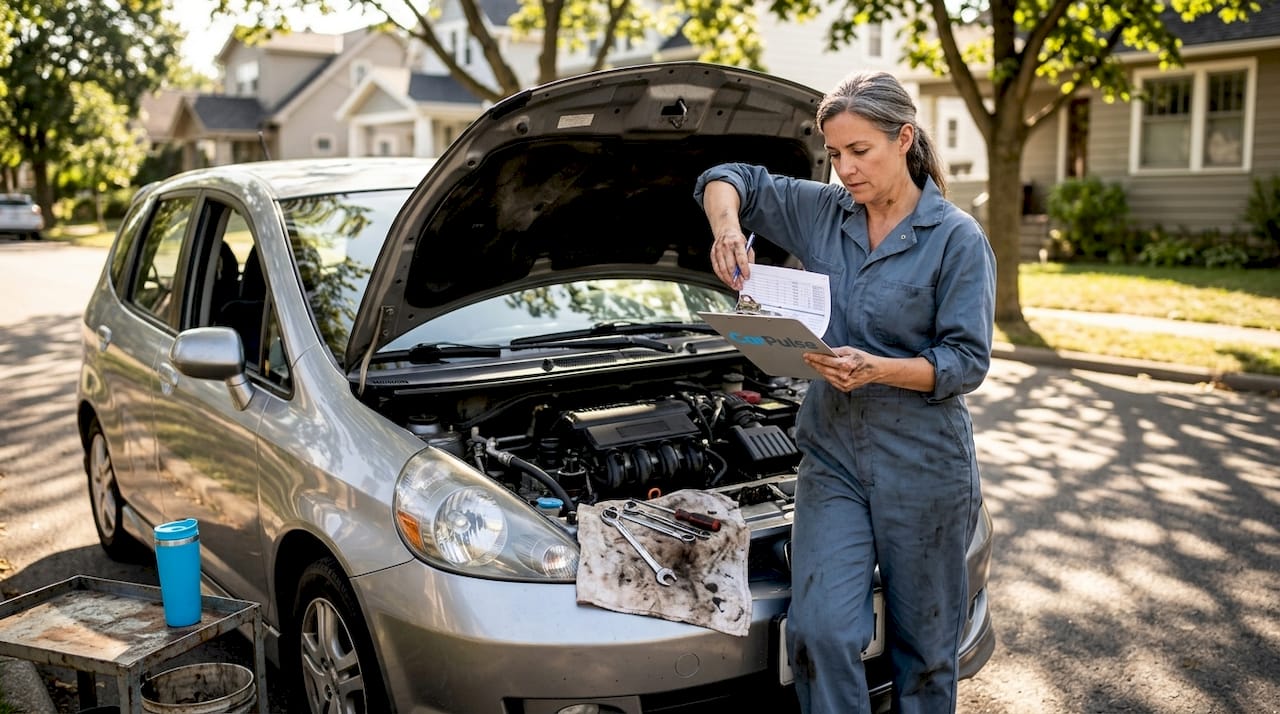 Meccanico controlla la manutenzione dell'auto all'aperto