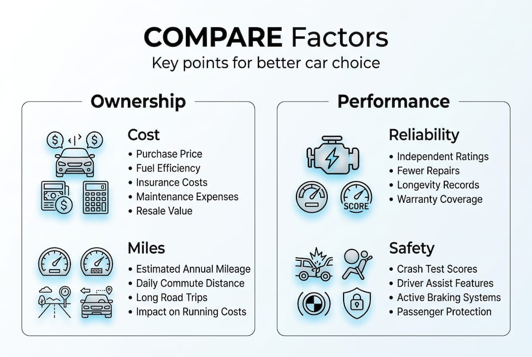 Infografica dei fattori chiave di confronto tra auto