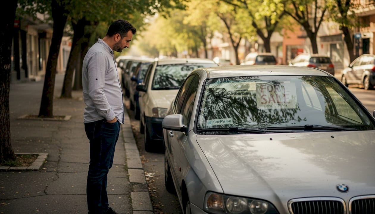 Uomo che esamina un'auto usata per le strade di Tirana