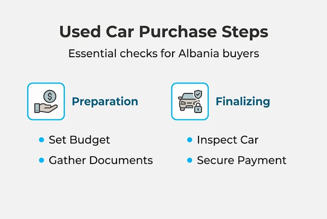 Infografica sui passi per comprare un'auto usata in Albania