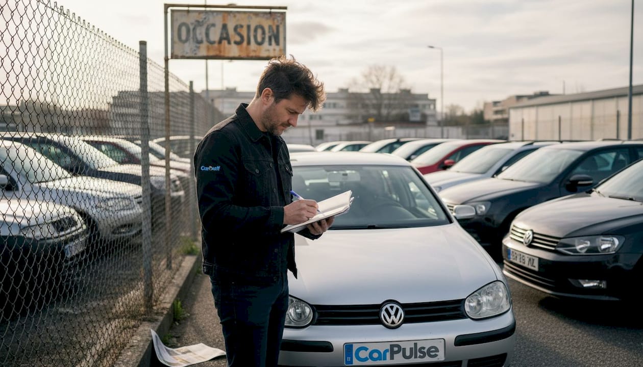 Uomo che ispeziona auto usate in un piazzale albanese