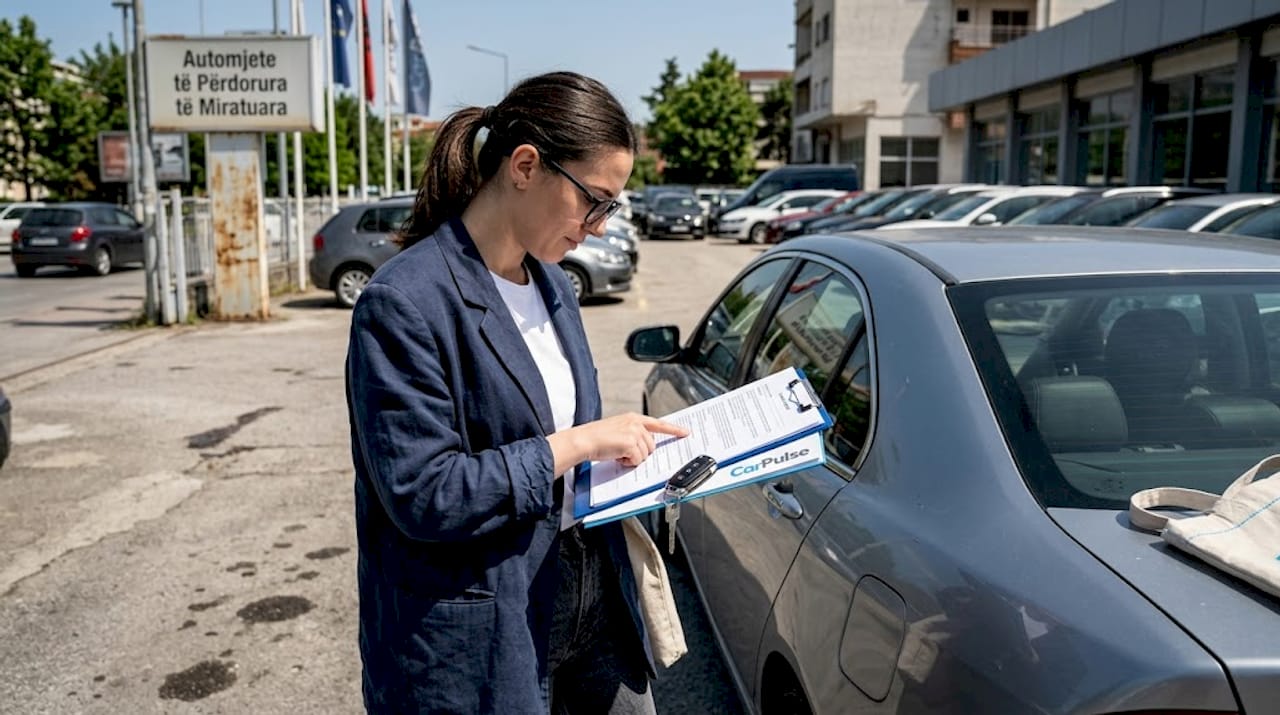 Një grua që lexon kontratën e leasingut të makinës në tregti