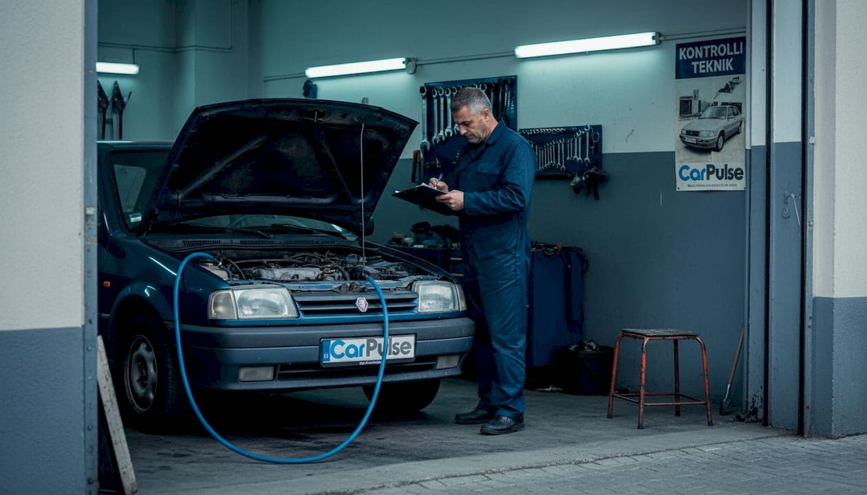 Meccanico controlla un'auto usata in un garage albanese