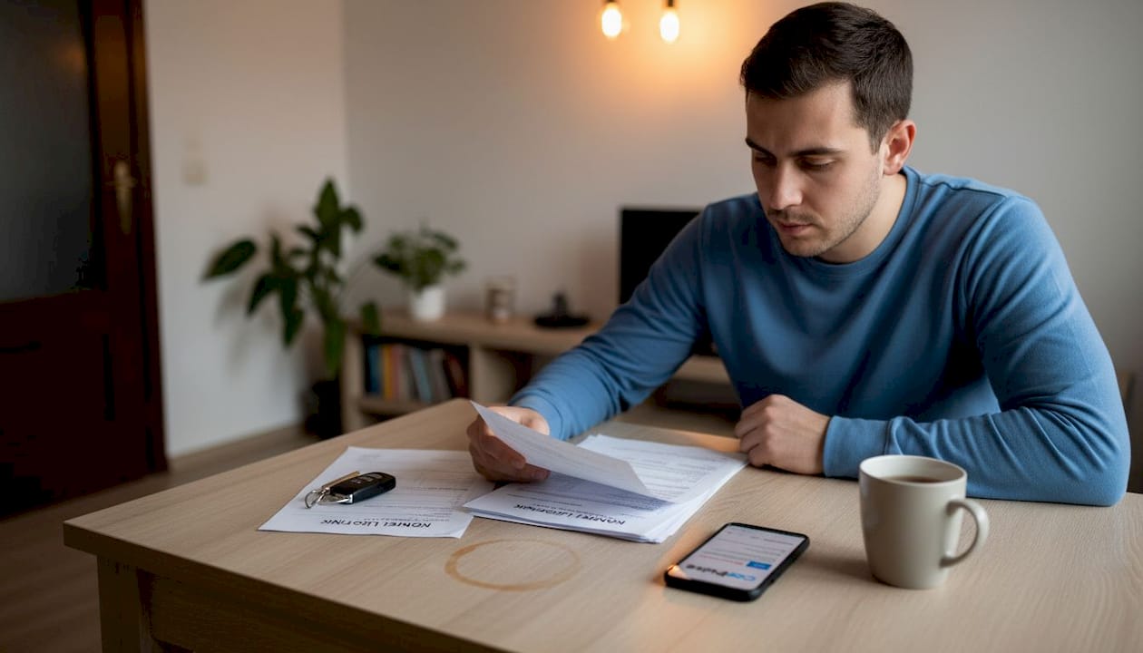 L'acquirente controlla la documentazione dell'auto usata a casa