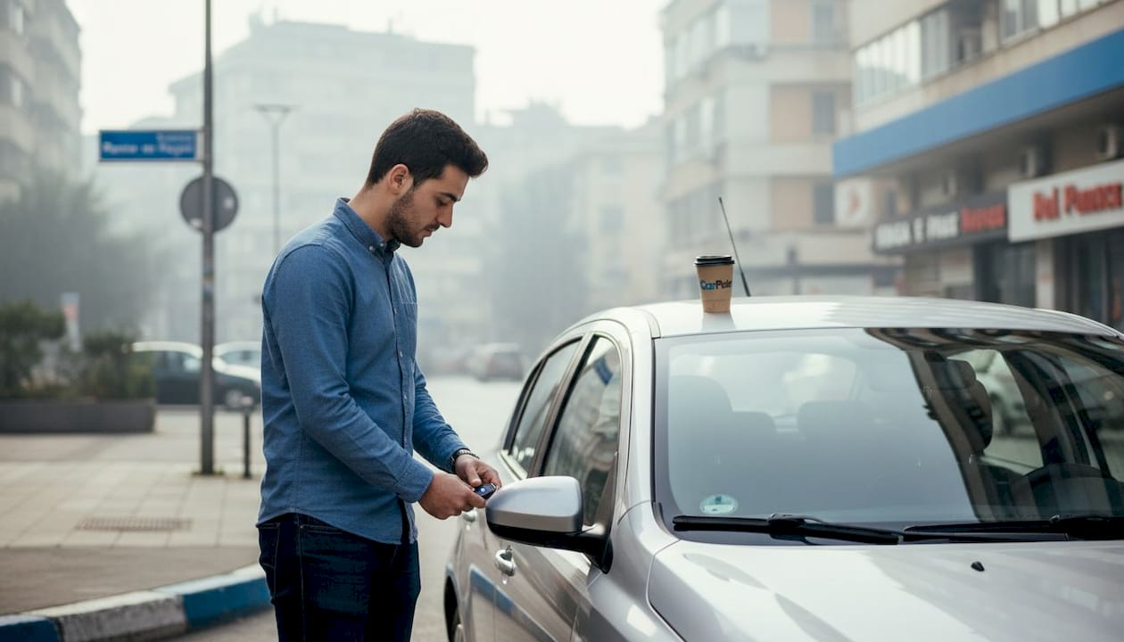 Uomo che sblocca un'auto a noleggio sulla strada di Tirana