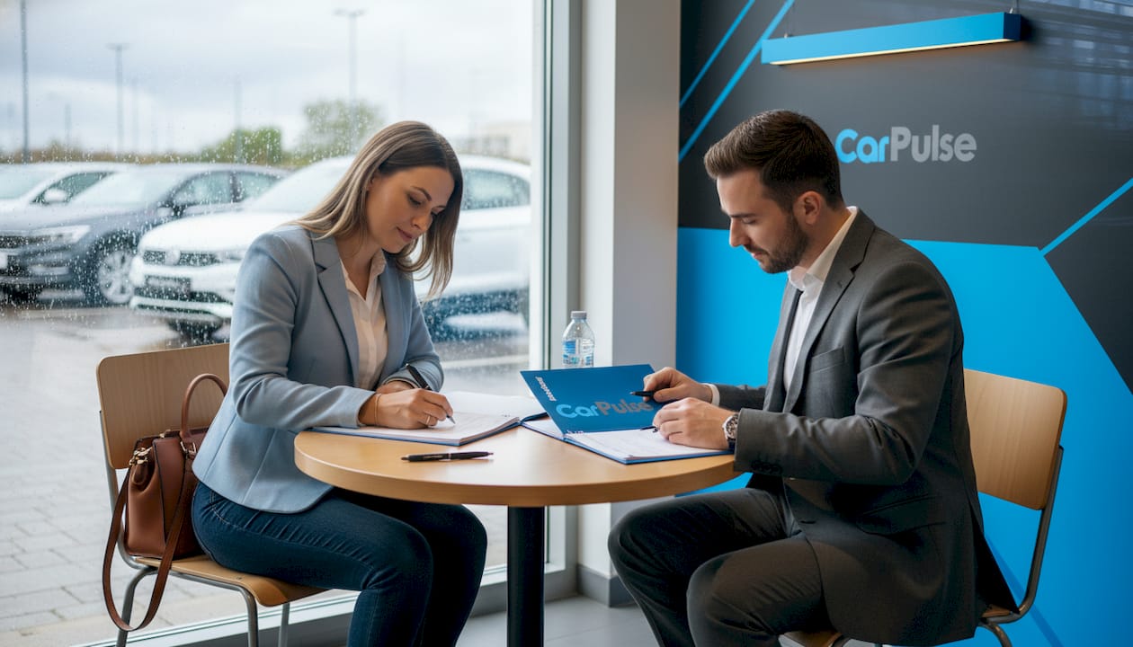 Acquirente di auto che firma documenti di concessionaria