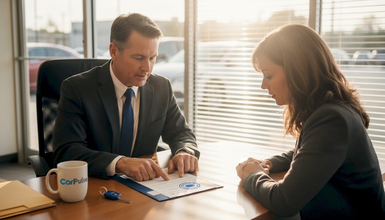 Concessionario e cliente che esaminano documenti di certificazione