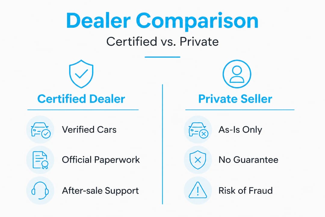 Infografica che confronta concessionari certificati e venditori privati