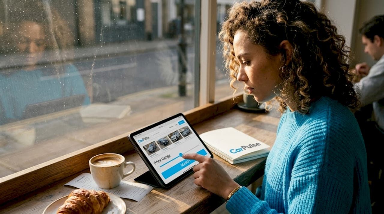 Donna che imposta il filtro di prezzo dell'auto su un tablet