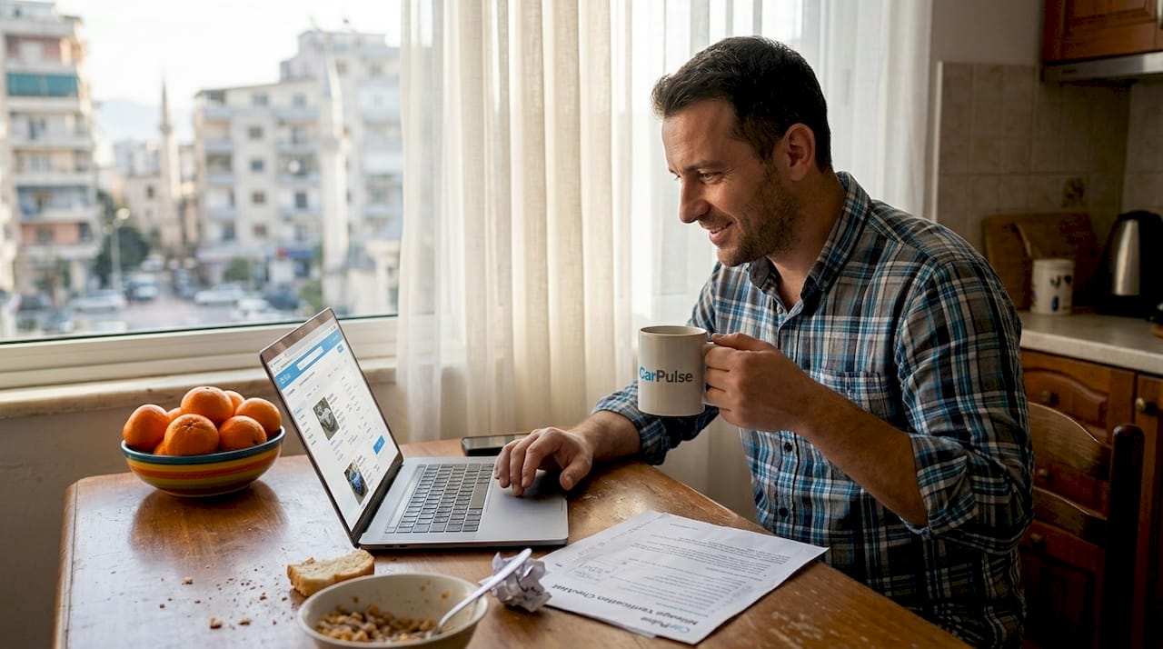 Uomo che usa un laptop per cercare il prezzo dell'auto