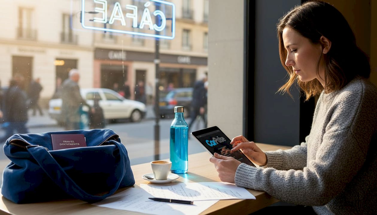 Donna che carica documenti per prestito auto al tavolo di un caffè