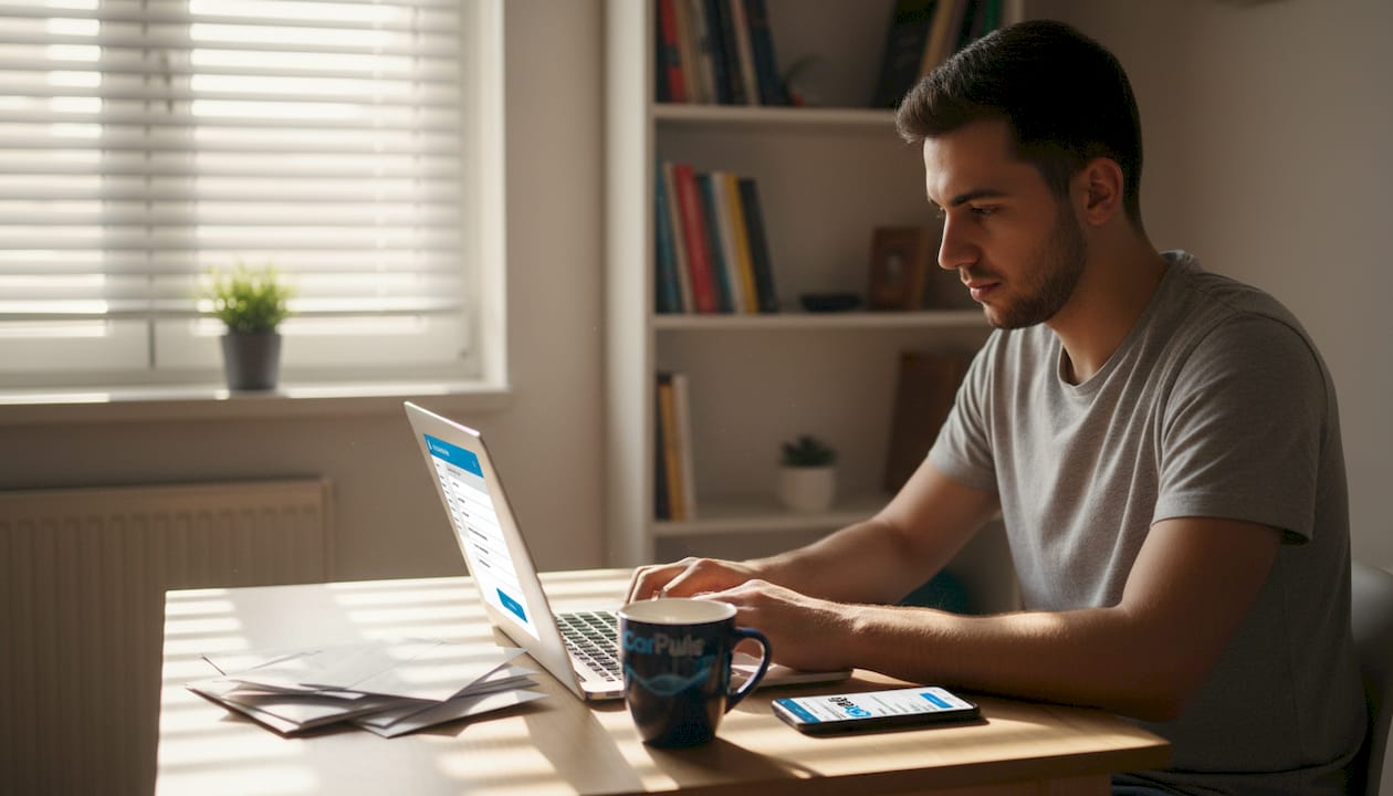 Uomo che fa domanda per un prestito auto online al tavolo della cucina