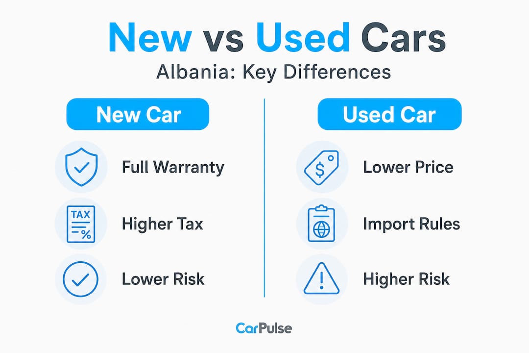 Infografica che confronta auto nuove e usate in Albania