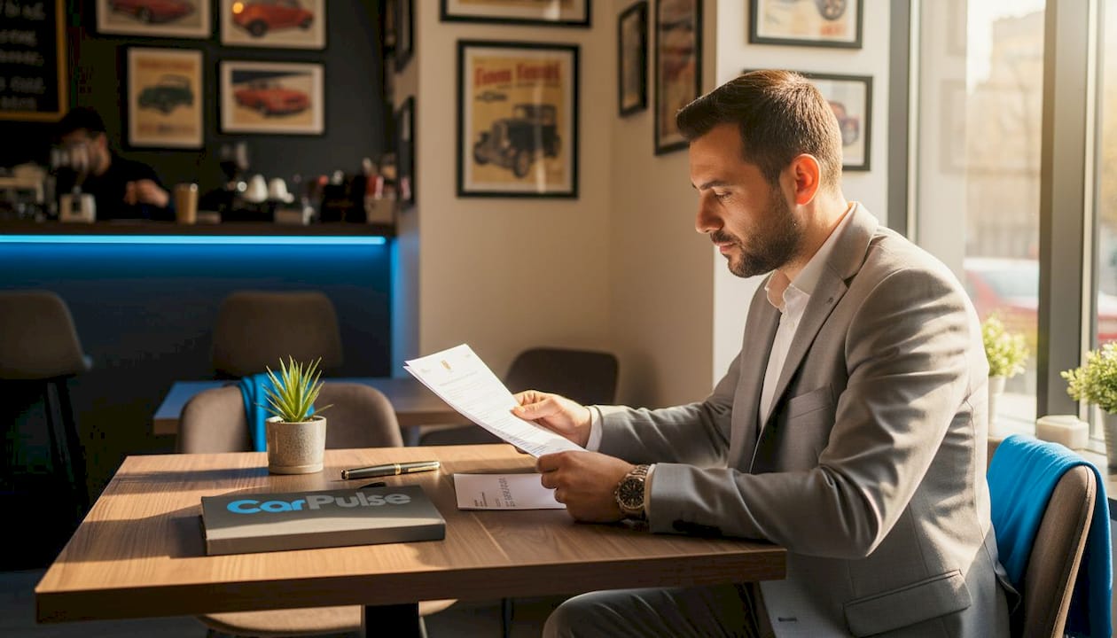 Concessionario che esamina il certificato di accreditamento dell'auto in Albania