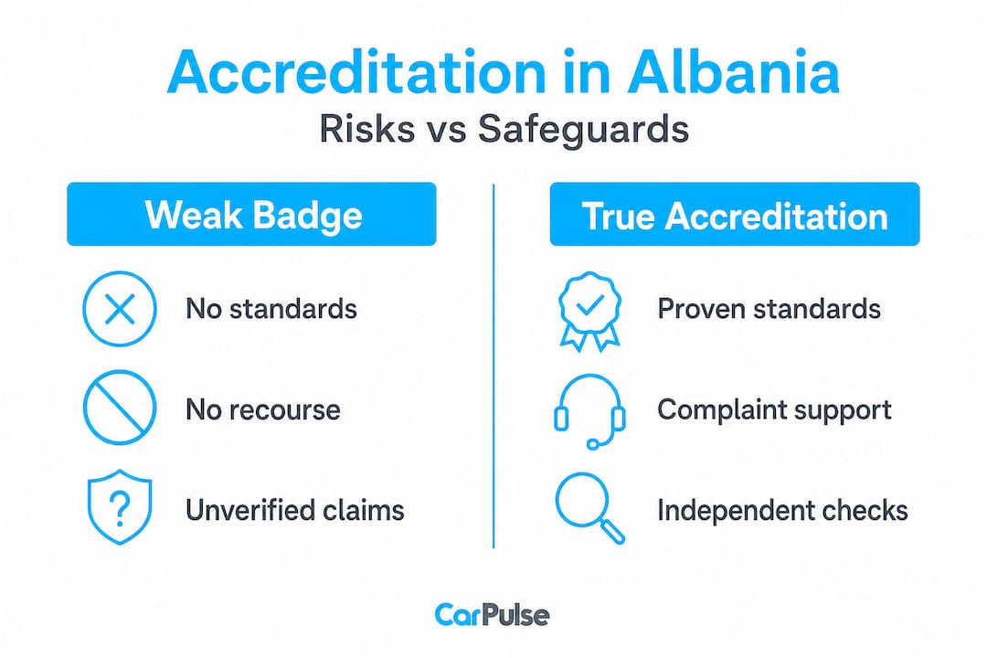 Infografica che confronta l'accreditamento reale vs debole del concessionario