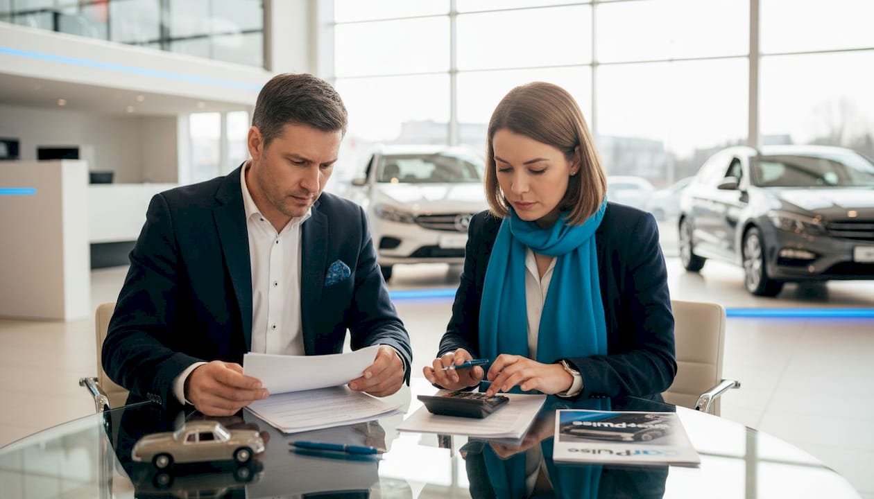 Coppia che confronta le opzioni di leasing e acquisto nell'ufficio auto