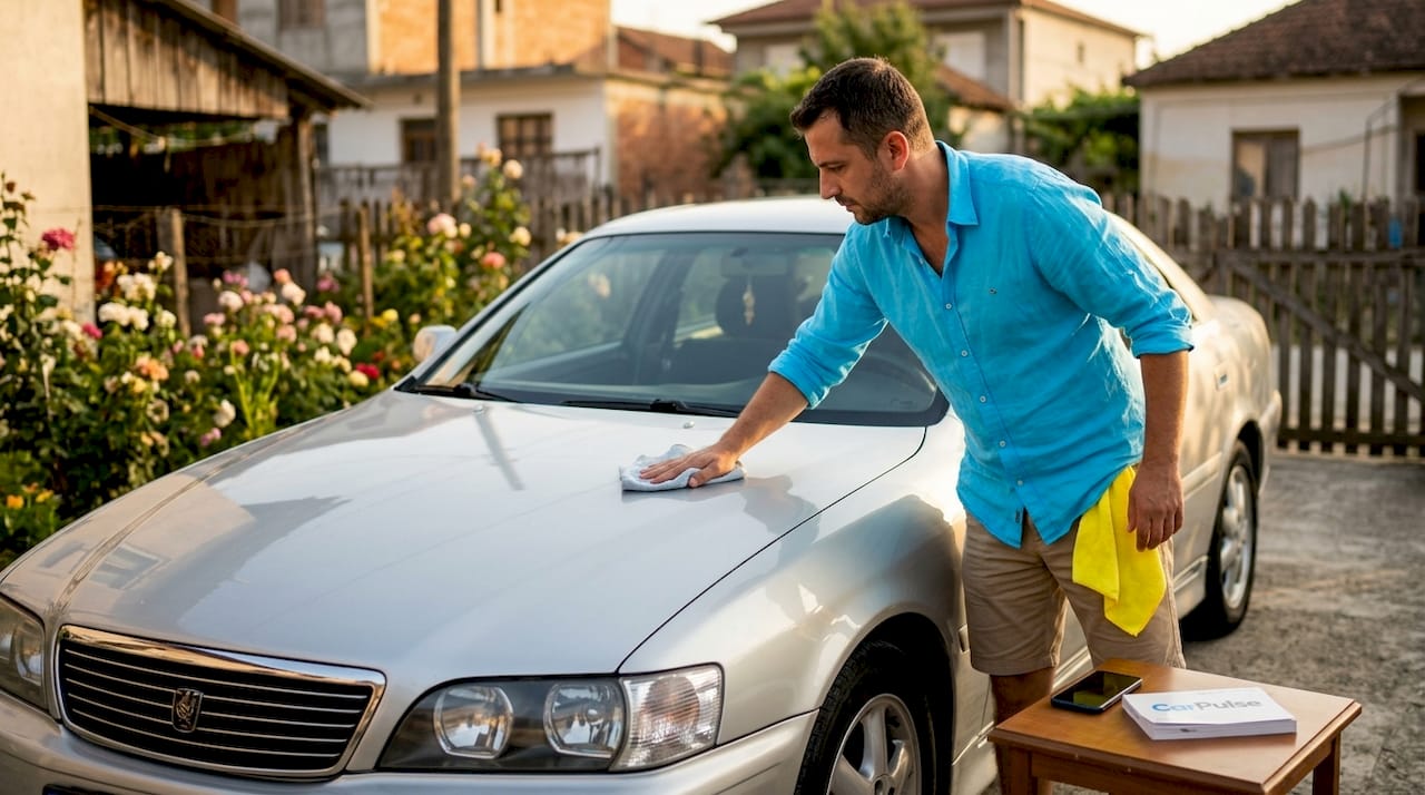 Uomo albanese che pulisce una berlina per l'elenco delle auto