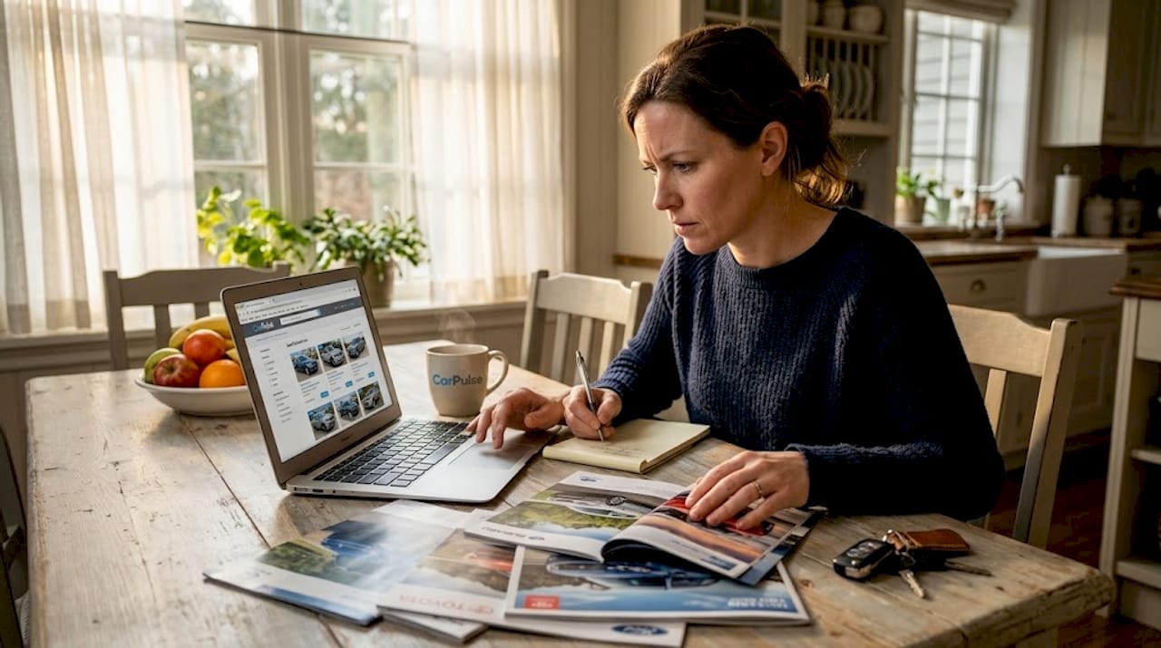 Acquirente di auto che ricerca modelli al tavolo della cucina