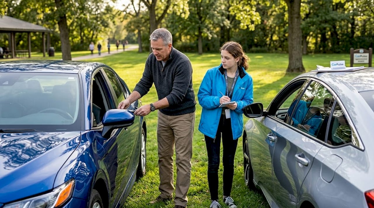 Famiglia che confronta due auto nel parcheggio della concessionaria