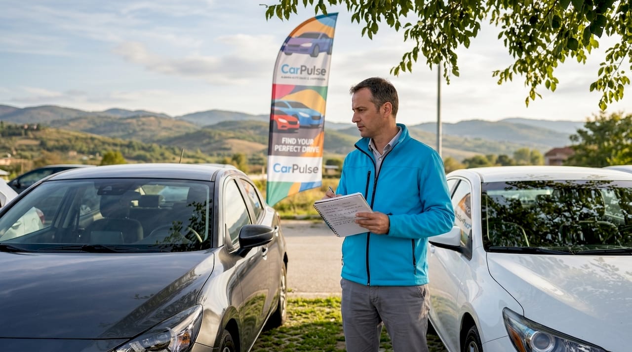 Person comparing leased cars at Albanian dealership lot