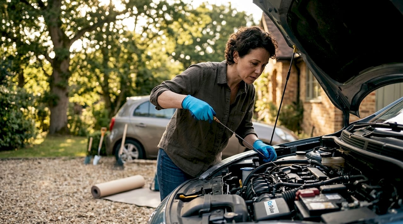 Donna che controlla l'olio del motore dell'auto sotto il cofano aperto
