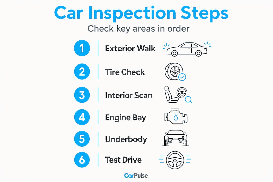 Infografica che mostra i passaggi per l'ispezione di un'auto usata