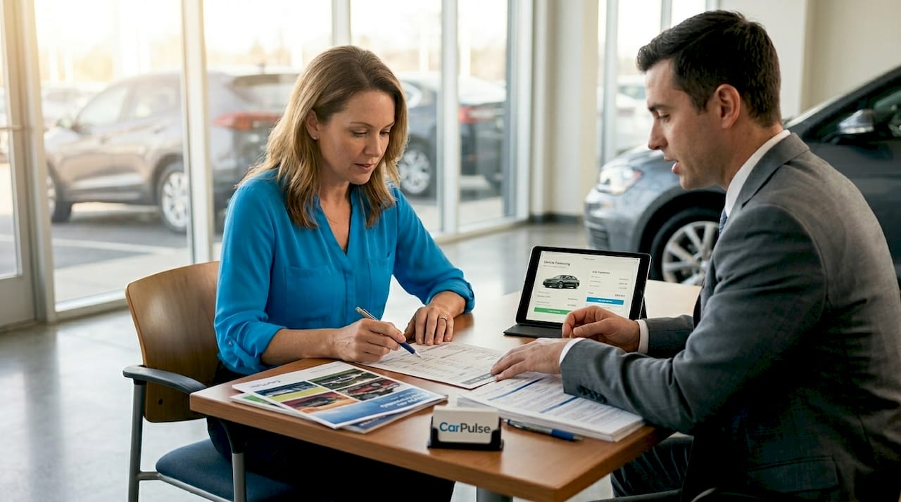 Donna che discute i costi del leasing con un rappresentante della concessionaria