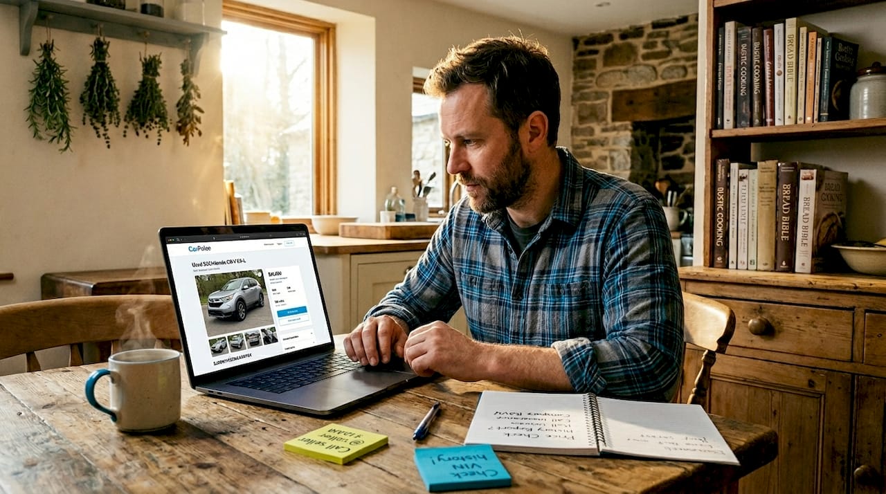 Acquirente che esamina l'elenco delle auto su un laptop