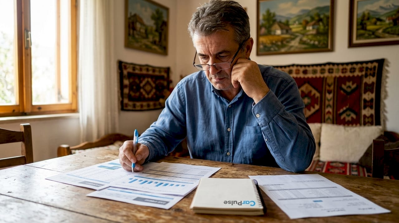 Uomo che esamina documenti dettagliati sui prezzi delle auto