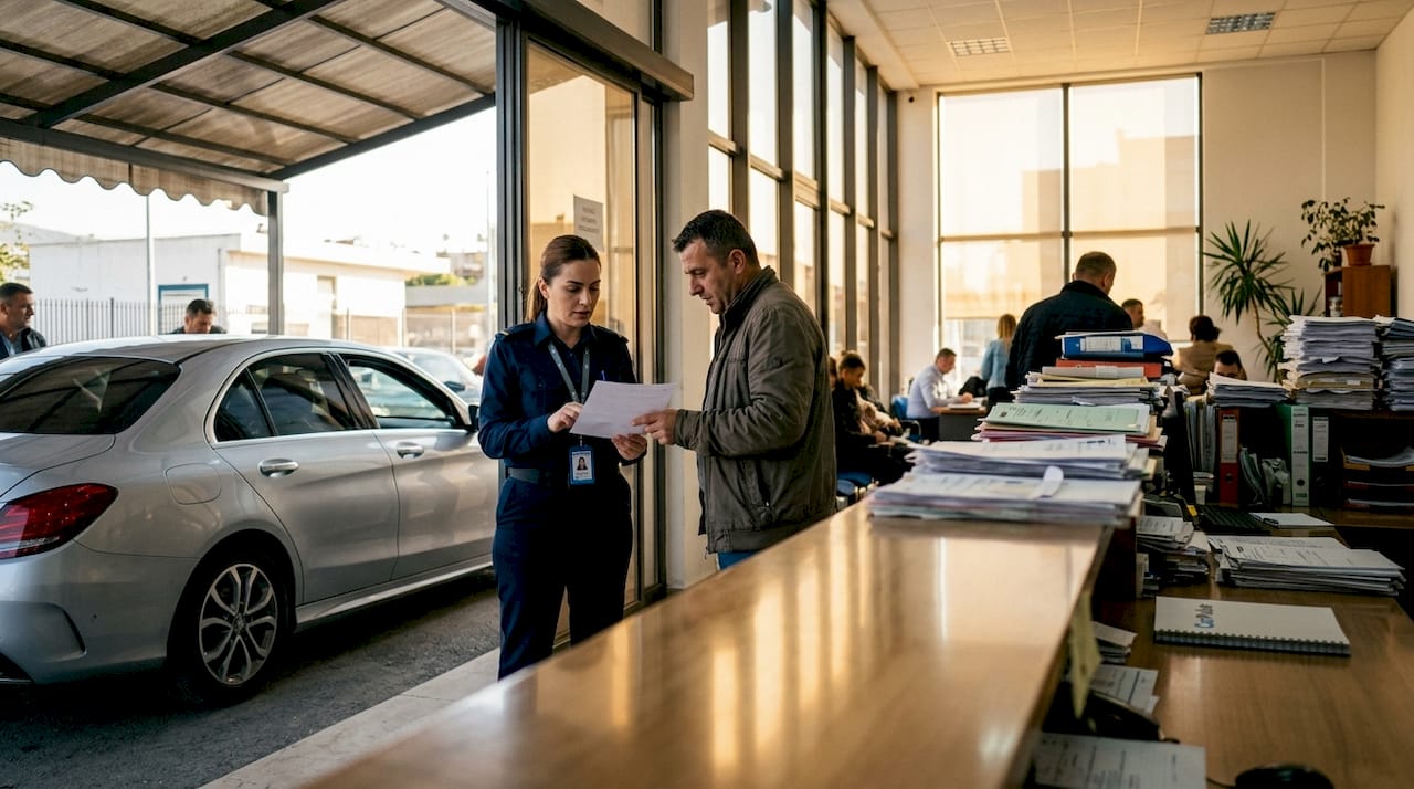 Funzionario doganale che assiste un importatore di veicoli in ufficio
