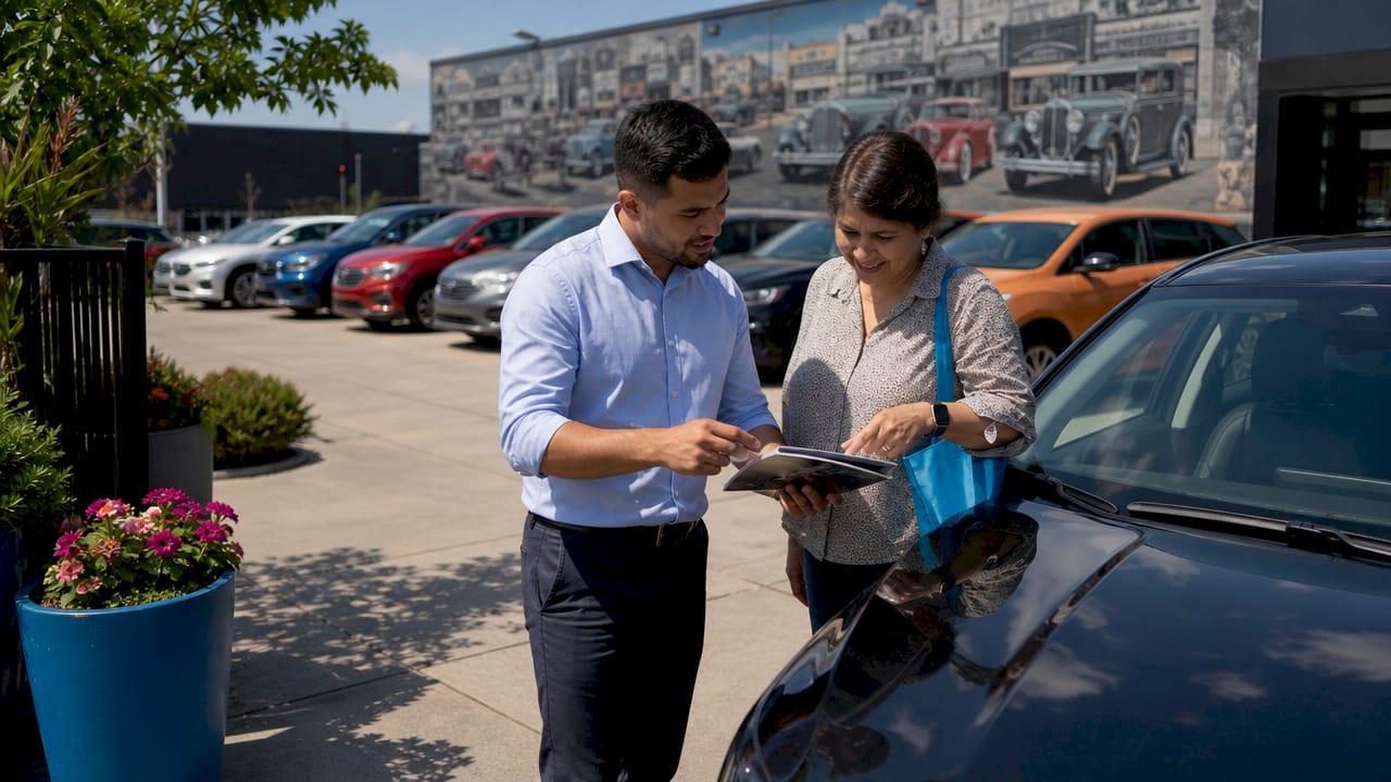 Consulente alle vendite che assiste un cliente in una concessionaria di auto