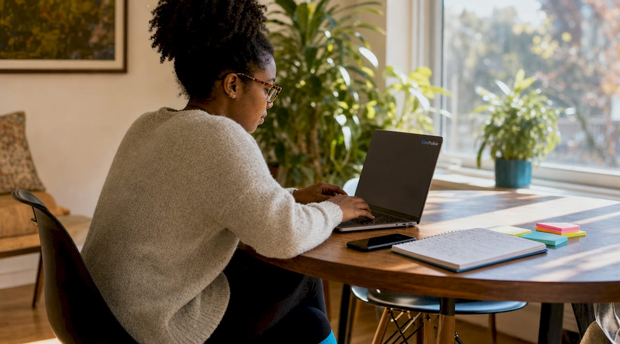 Donna che naviga tra le auto su un laptop in un ufficio domestico