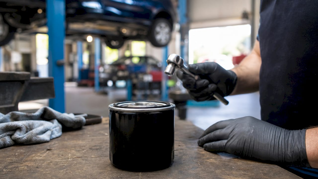 Primo piano del filtro dell'olio del motore in officina