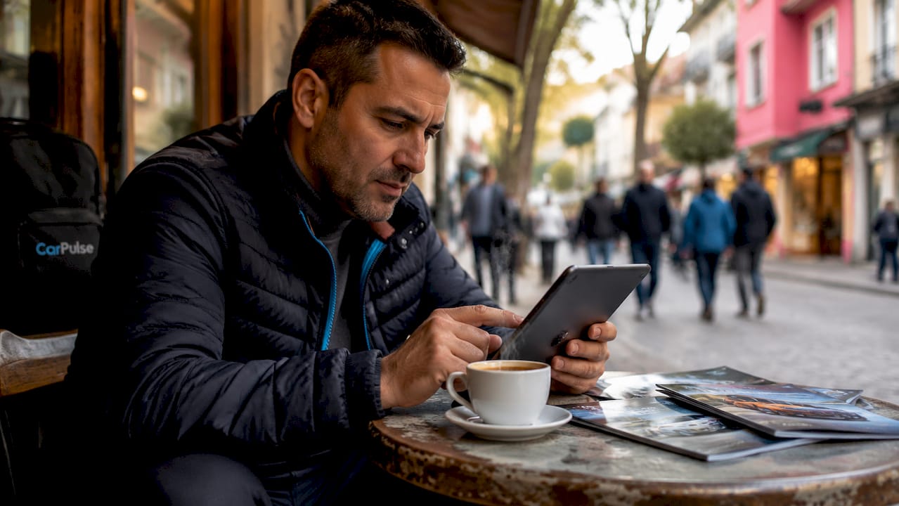 Uomo albanese che analizza i prezzi delle auto su un tablet