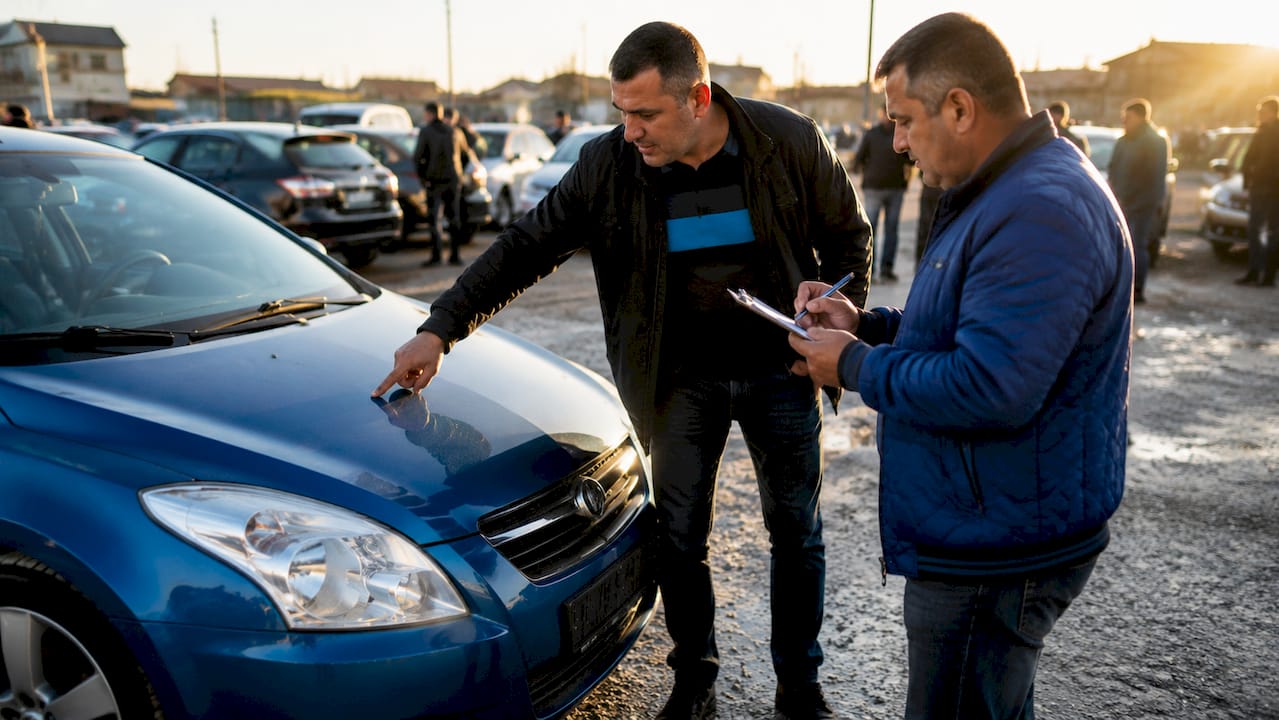 Venditori che negoziano il prezzo dell'auto in un mercato all'aperto