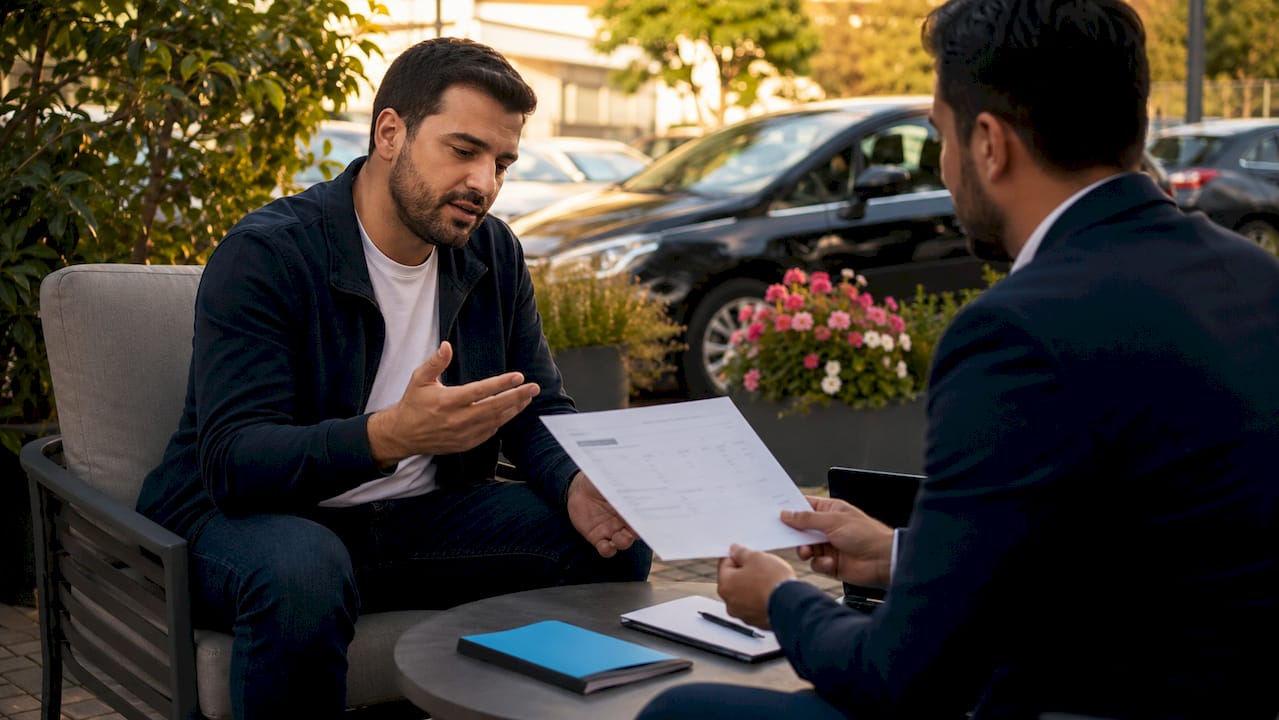 Acquirente che esamina il preventivo del prezzo dell'auto in concessionaria