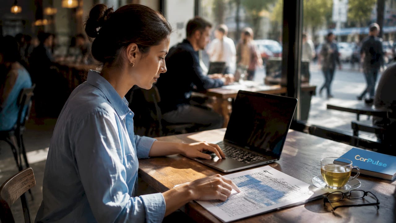 Mani che confrontano le specifiche del veicolo con laptop e carta