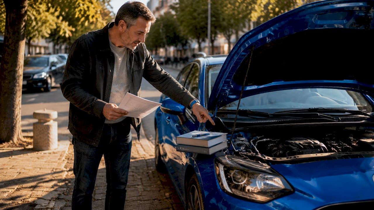 Uomo albanese che controlla le specifiche dell'auto all'aperto