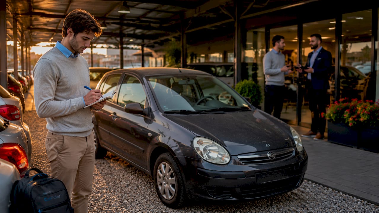 Giovane uomo che ispeziona un'auto presso un concessionario albanese
